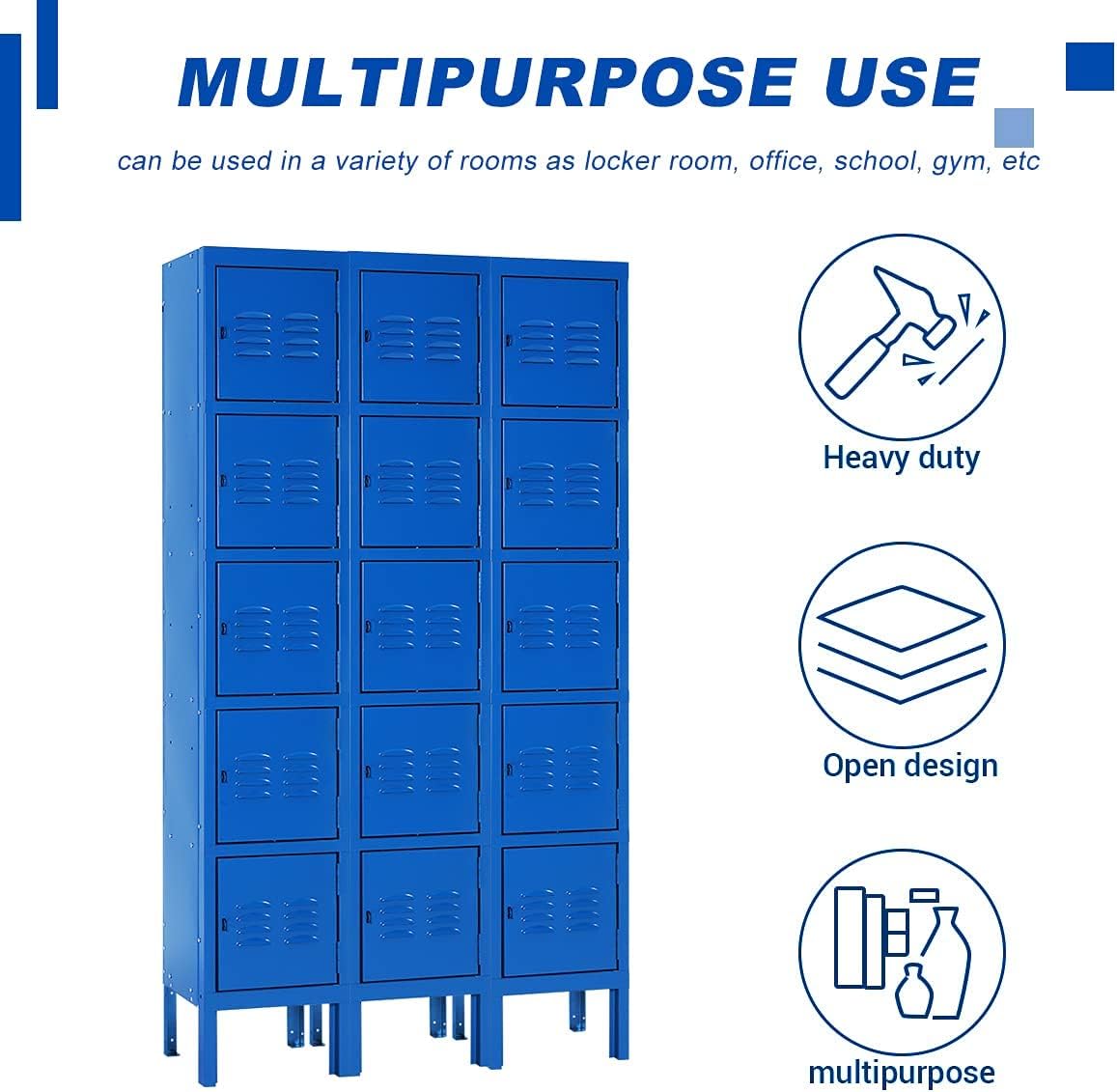 Bonusall Metal Locker for Employees, Office Storage Locker Cabinets, 5-Tier Steel Lockers for School, Gym Locker Compartment Home Office (Blue