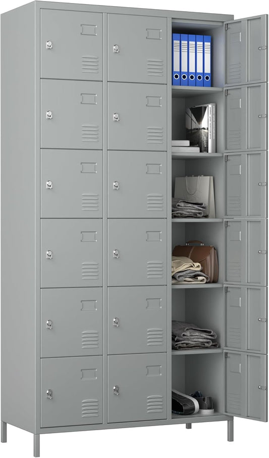 METAN Metal Locker for School Office Gym Bedroom, 18 Doors Steel Storage Locker Cabinet for Employees, Industrial Storage Locker, Assembly Required (18 Door-Grey)