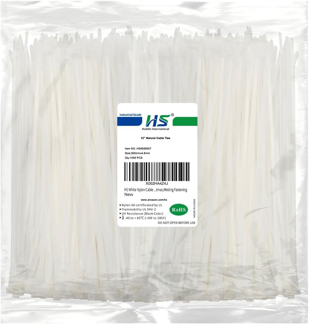 HS White Nylon Cable Ties 12 Inch Zip Ties (1000 Pack) 50 LBS Heavy Duty Clear Zip Ties 12in Plastic Ties Straps for Electrical,Christmas,Weding Fastening