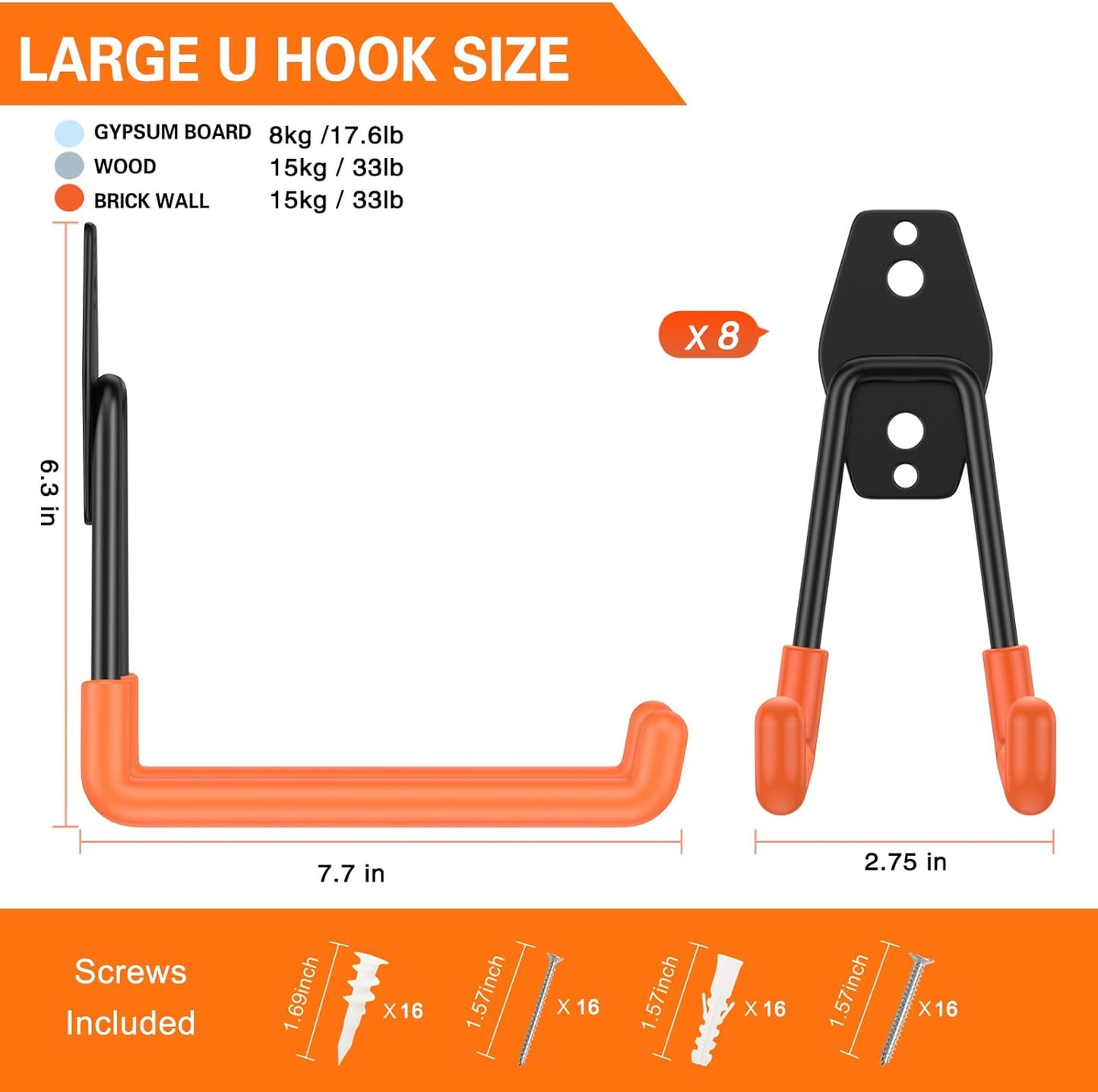 Heavy Duty Garage Hooks 8 Pack, 7.7 inch U Shaped Long Hanger, Wall Mounted Storage System, Power and Garden Tool Organizer, for Hanging Ladders, Bikes, Hose, Bulk Items and More