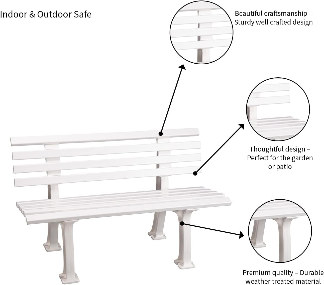 Plow & Hearth Weatherproof German PVC Outdoor Bench | Holds Up to 500 lbs | Garden Patio Porch Park Deck | Steel and Resin | White