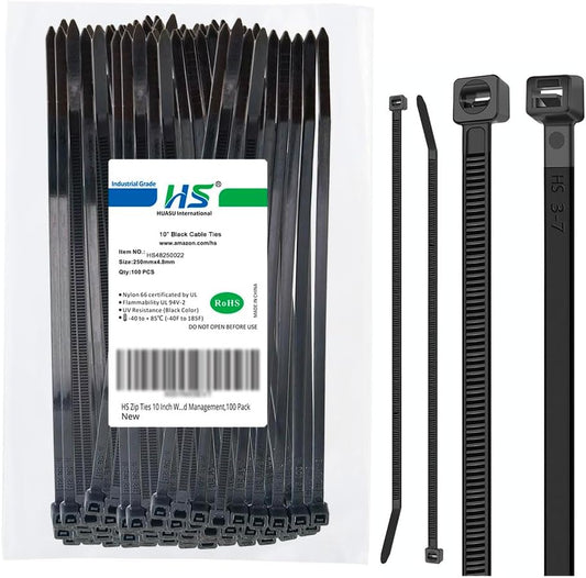 HS 10 Inch Zip Ties Black 50 Pounds Tensile Strength Strong Wide Straps (100 Pack) Nylon PA66 UV Resistant,Self-Locking Medium Electrical Plastic Cable Wire Zipties for Outdoor Use,Multi Purpose