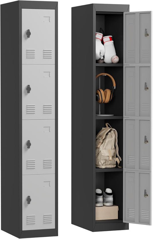 4 Doors Tall Single Metal Locker, Metal Lockers for Employees with Keys, 72” Black Employee Storage Cabinet with Doors, Steel Storage Cabinets Lockable for School, Gym, Home, Office, Mudroom, Black