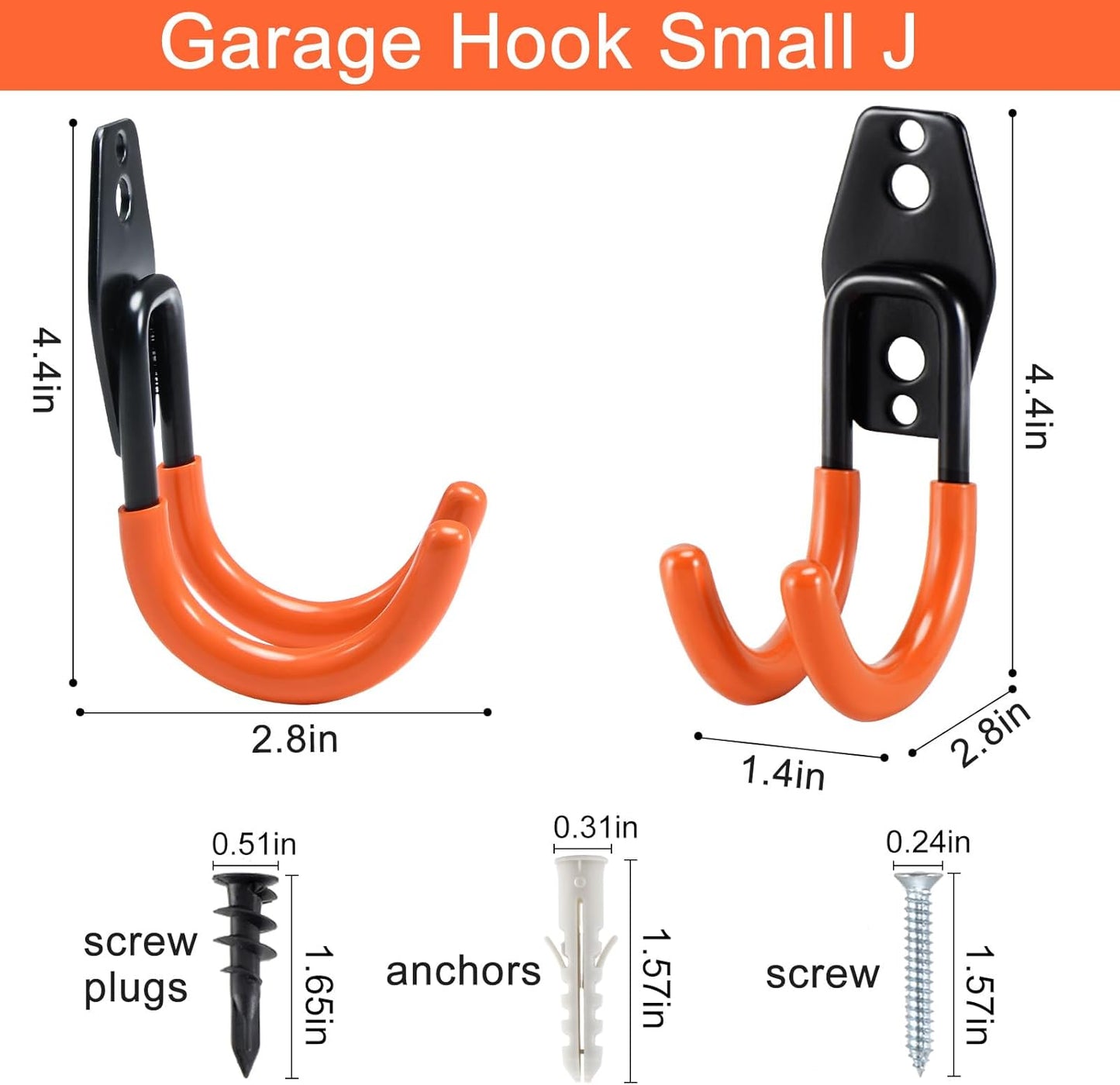 AOBEN Garage Hooks Heavy Duty, Steel Garage Storage Hooks, Utility Tool Hangers and Combinable Wall Mount Garage Hooks for Organizing Ladders, Bikes, Hoses, and More Equipment (Small J, 4 Pack)