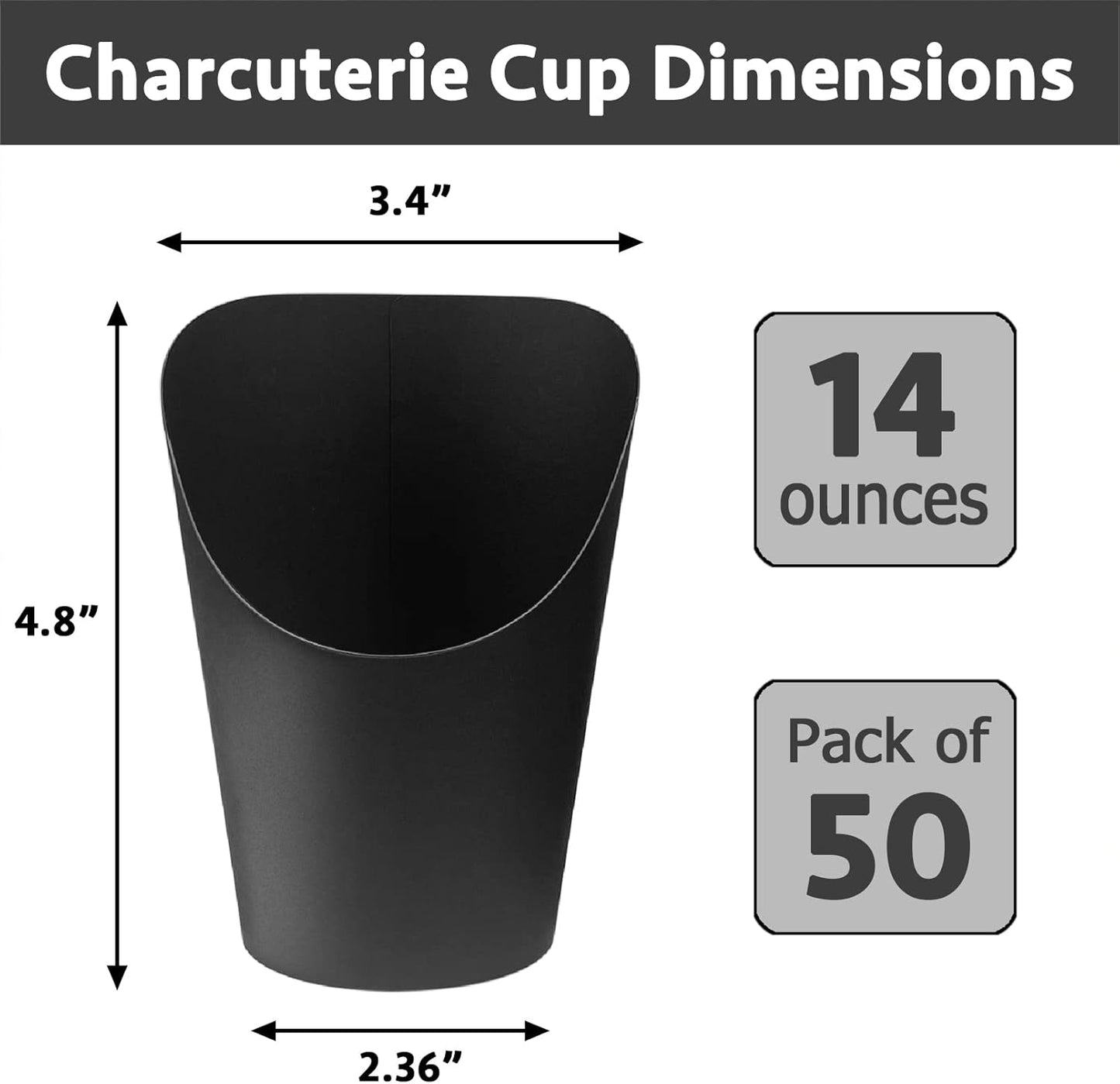 CAMKYDE 50 Pcs French Fries Holder, 14oz Disposable Paper French Fry Cups Charcuterie Cups for all Occasions (14oz, Black)