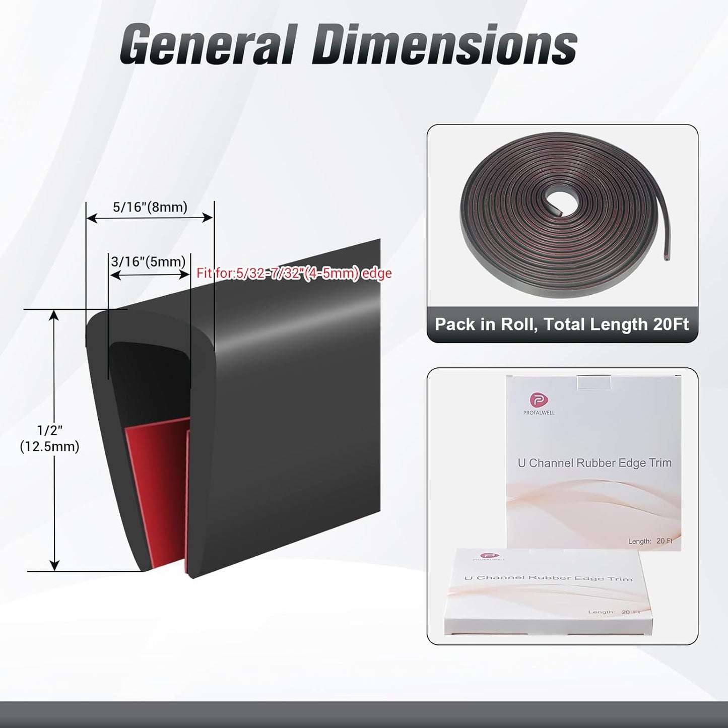 Rubber Edge Protector, Flexible Self-Adhesive U-Channel Trim, 3/16" Thick, Black, 20Ft - Protects Glass, Mirror, Plywood, Steel Panel Edges