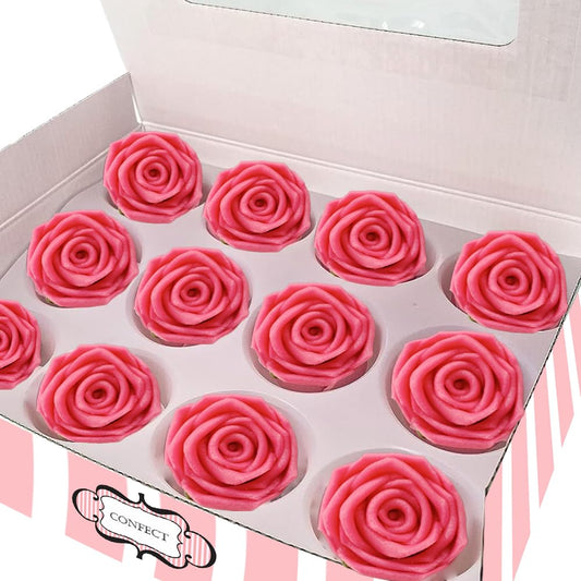 Confect Edible Rose Topper- French Rose Toppers – Pack of 12 Pink French Roses for Cakes, Cupcakes & Donuts – Vegan, Dairy-Free, Palm Oil-Free – Elegant Floral Decorations for Baking