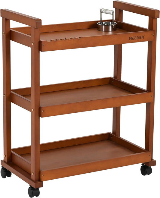 MEEDEN Art Supplies Cart, Walnut 3-Tier Multifunctional Art Storage Cart Organizer, Solid Beech Wood Studio Cart Art Taboret with Caster Wheels, Rolling Utility Cart Organizer for Artist
