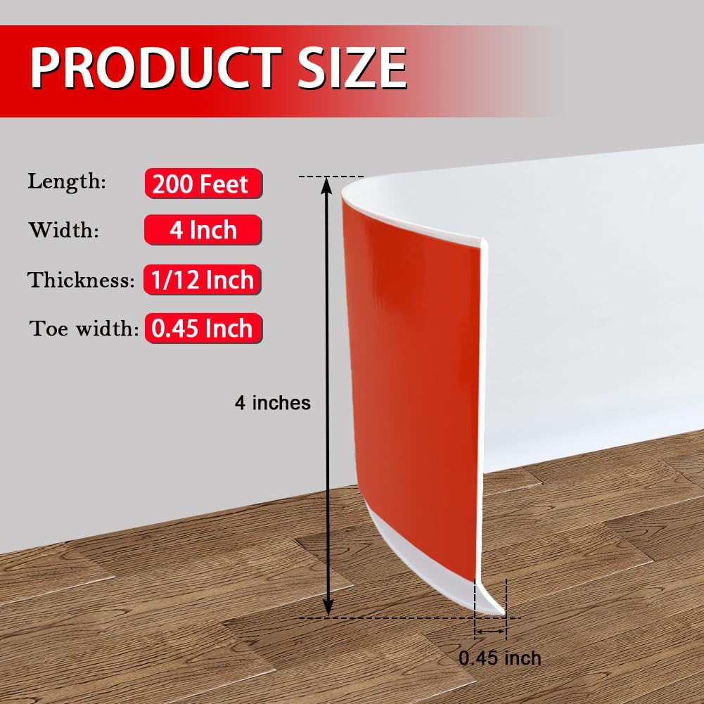 FONUNO Vinyl Wall Base Baseboard Molding Trim 4" Flexible Self Adhesive Rubber Wall Base Moulding Trim Peel and Stick Design, 4 Inch x 200 Feet, White