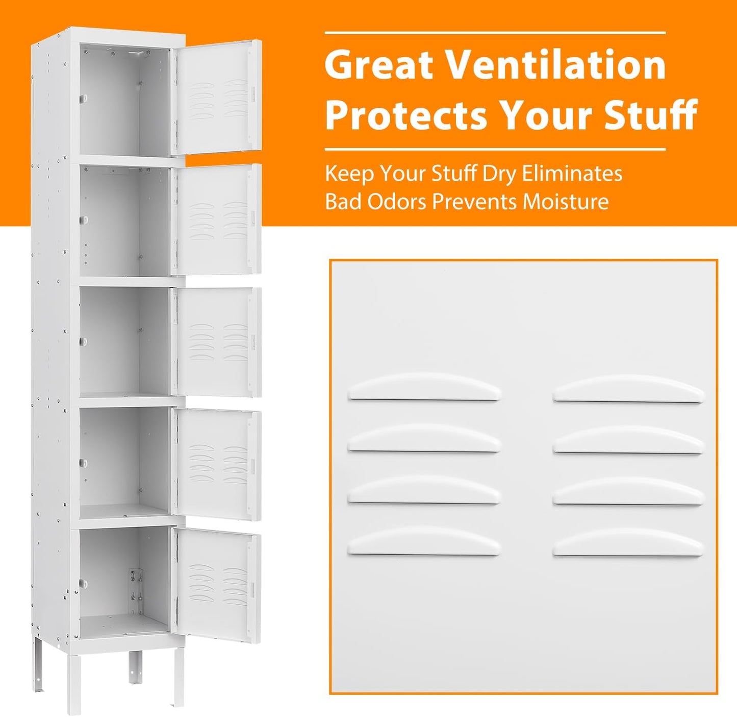 Metal Lockers for Employees, Steel Storage Locker with 5 Doors for Home, Office, School, Gym (White)