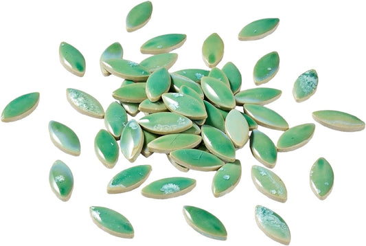 70 Pcs Petal Ceramic Mosaic Tiles, Green, Polished Edge, Cottage Style, Floral Pattern, Glue Down Installation, Suitable for Crafts and Home Decorations