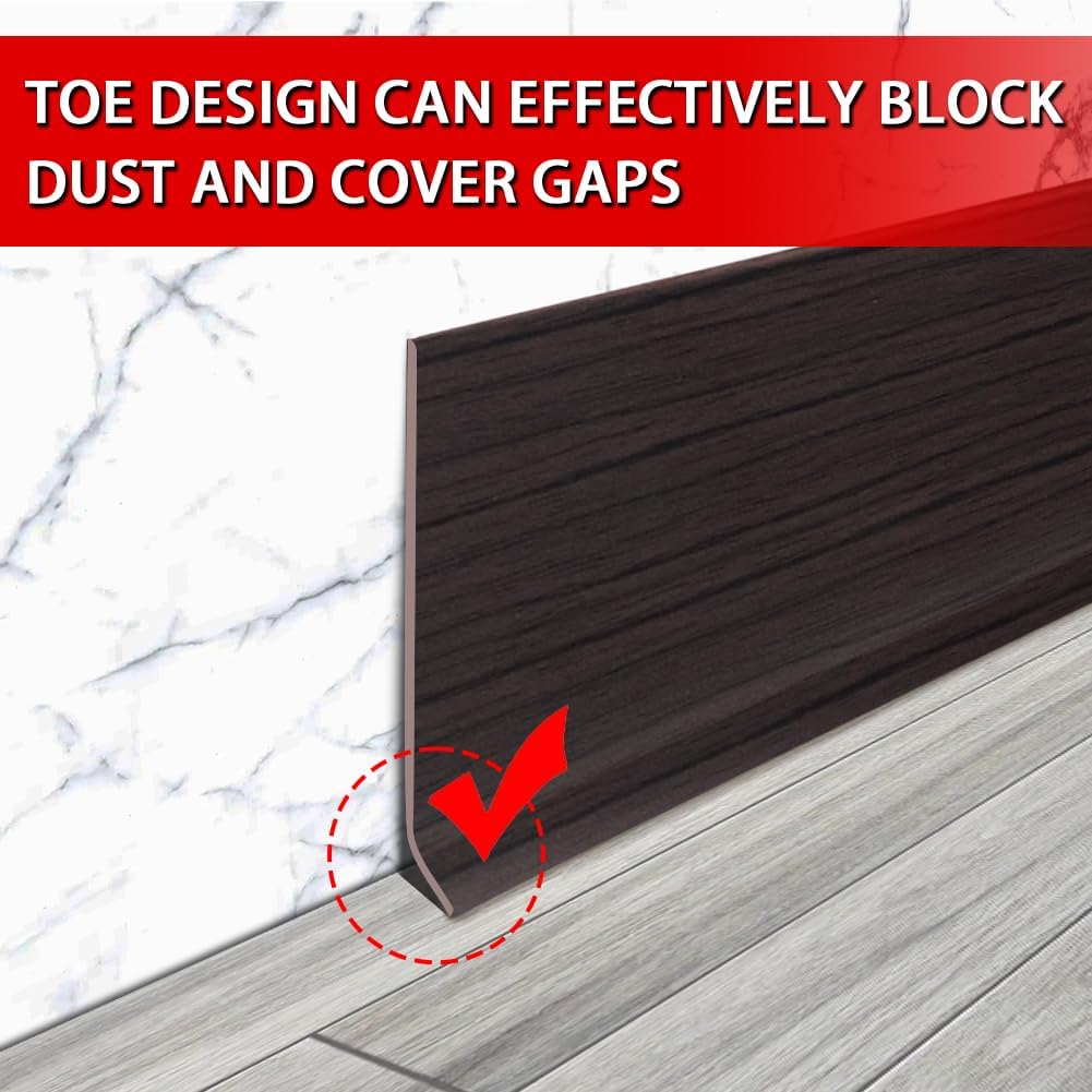 Vinyl Wall Base Baseboard Molding Trim 4" Flexible Self Adhesive Rubber Wall Base Moulding Trim Peel and Stick Design, 4 Inch x 100 Feet, Black Walnut Wood