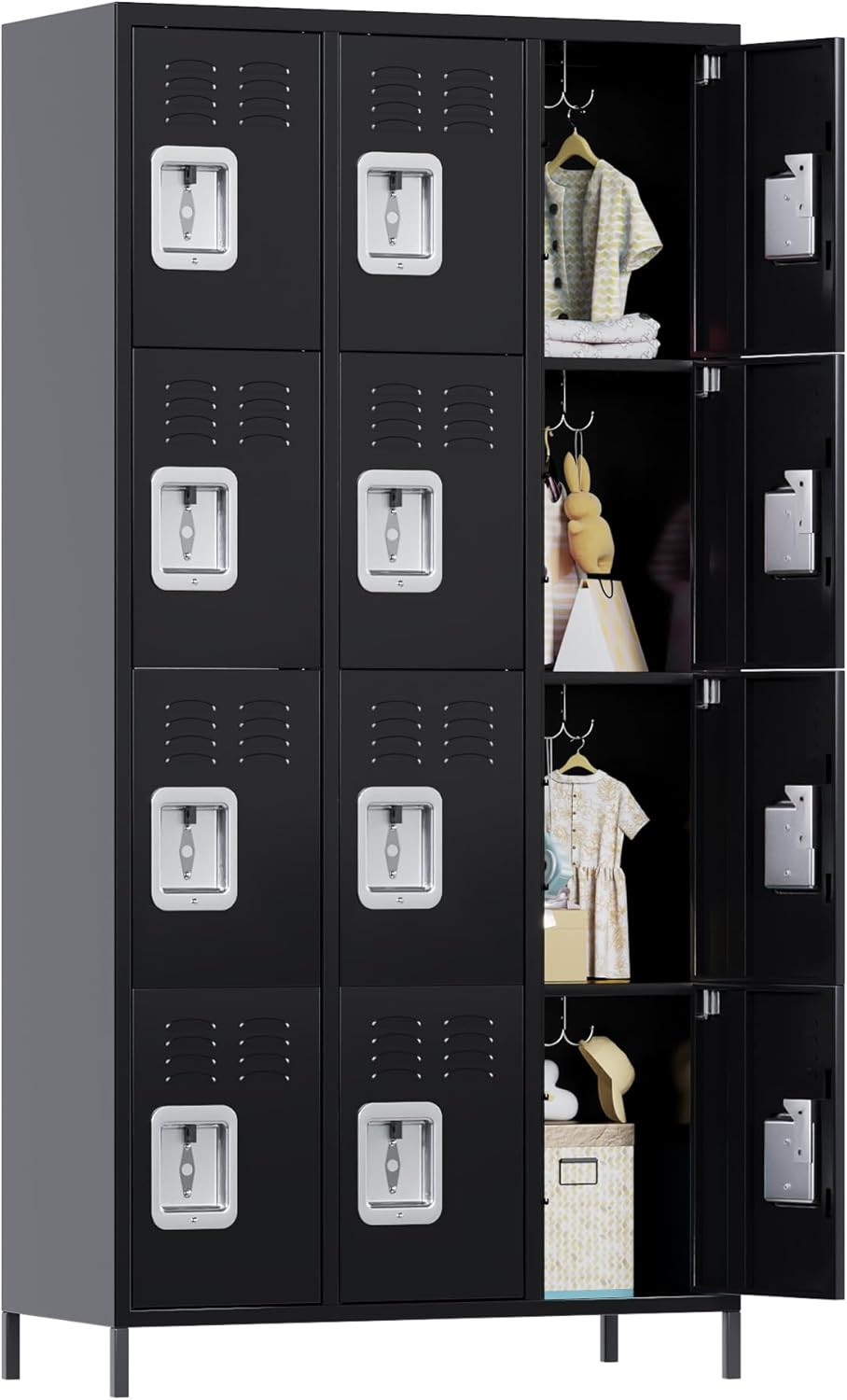 Aobabo 12 Doors Metal Storage Locker for Employees, Storage Locker with 12 Hooks for Garage School Office Gym, Black, Assembly Required