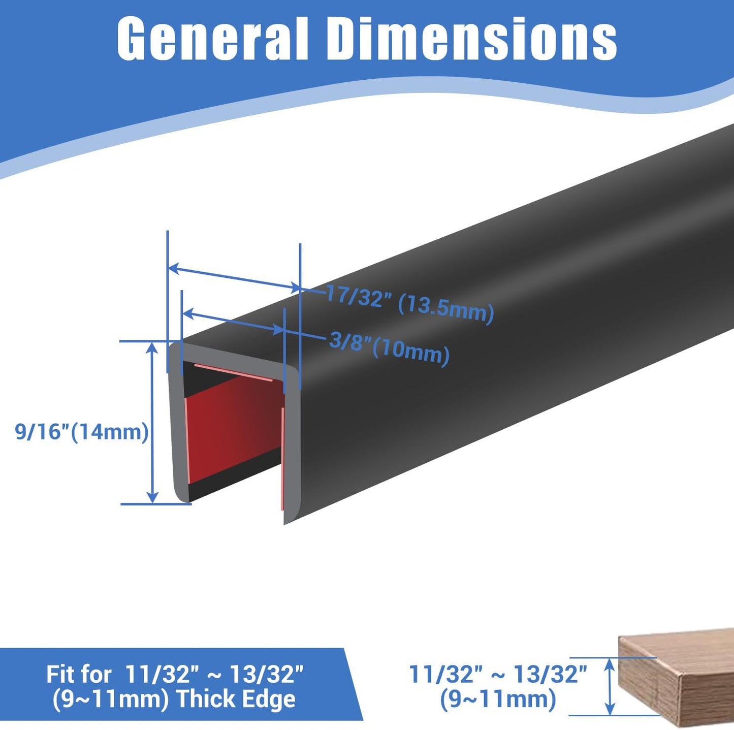 Rubber Edge Trim, Self-Adhesive U Channel Edge Trim, U Shaped Edge Protector for Plywood, Wood Boards, EPDM Material, Slot Width 3/8"(10mm), Length 10 Ft, Black
