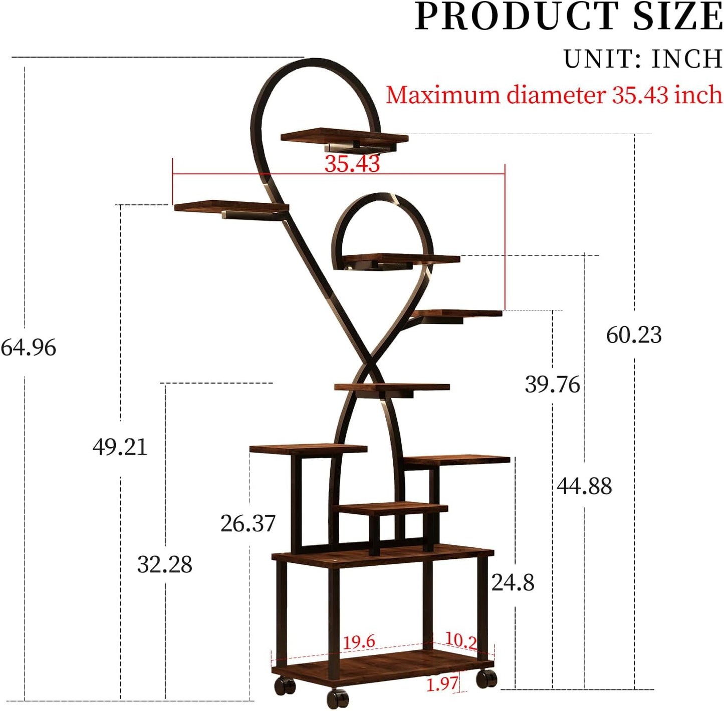 Plant Stand Indoor with Grow Lights, 10 Tiered Indoor Plant Shelf with Wheels, 65" Lighted Corner Plant Stands for Indoor Growing, Heart Shape Decorative for Living Room, Balcony, Black