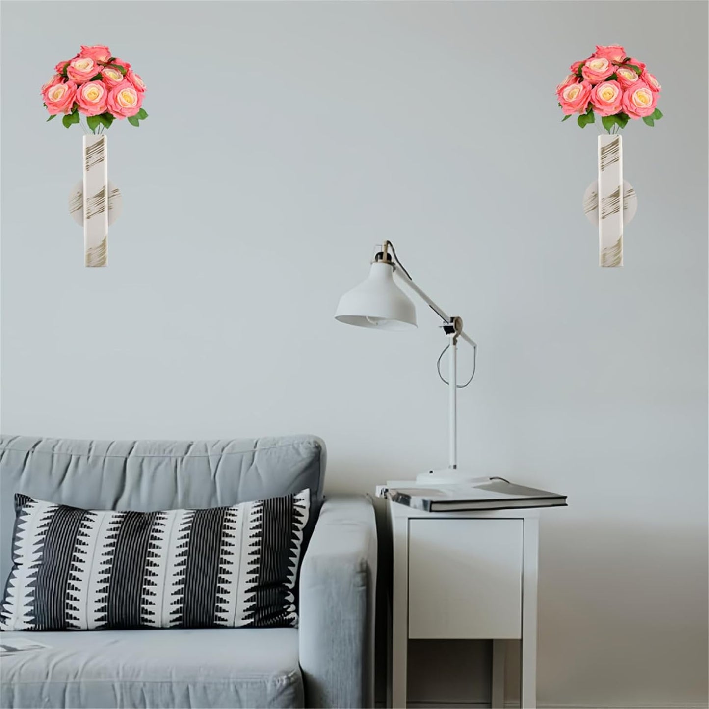 Self Adhesive Wall Vase Metal Tube Decoration Holder Used to Display Dried Flower, Faux Flowers, Fake Flowers, Also Suitable for Cemetery Memorial Decoration (1 Pcs White Gold Stripe)