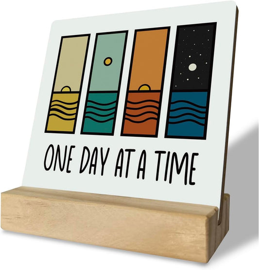 Primitive Wooden Sign, One Day at A Time, Desk Plaque with Wooden Stand 4 x 4.3 inches, Modern Decoration, Farmhouse Table Plaque Signs, Rustic Home Decor Plaque, Inspirational Sign, Uplifting Gift
