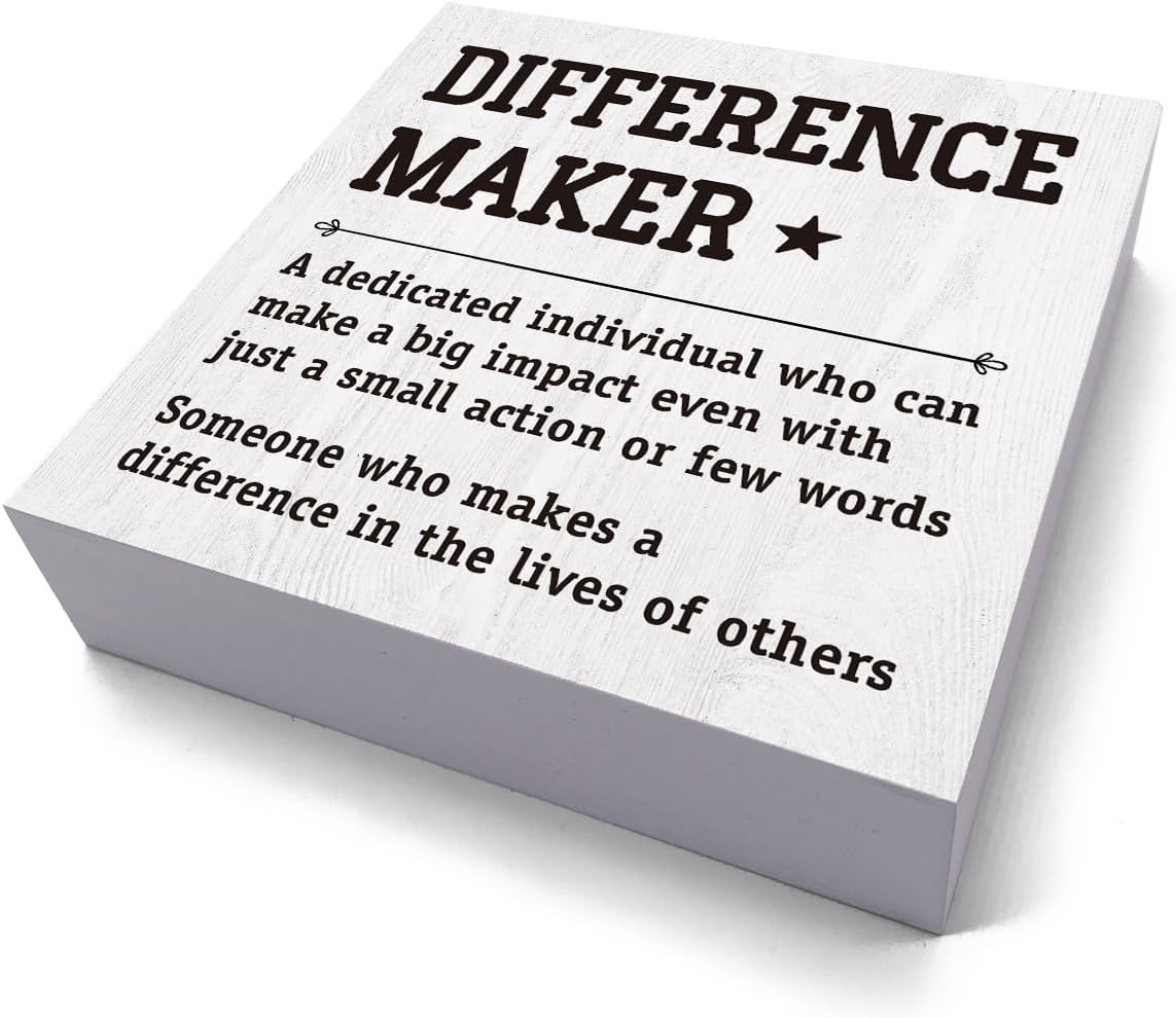 HTBIG Difference Maker Thank You Gifts Office Decor Funny Inspirational Desk Decor Coworker Gifts for Women Men Teacher Boss Day Retirement Rustic Wooden Box Sign for Tabletop Office Bookshelf White
