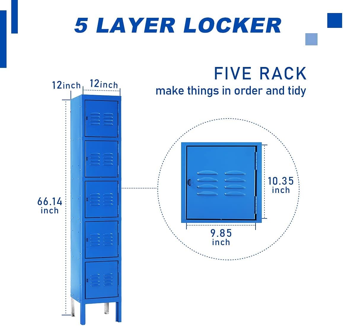 Bonusall Metal Locker for Employees, Office Storage Locker Cabinets, 5-Tier Steel Lockers for School, Gym Locker Compartment Home Office (Blue