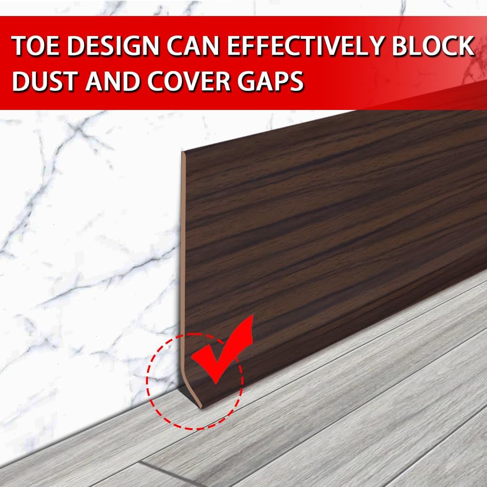 Vinyl Wall Base Baseboard Molding Trim 4" Flexible Self Adhesive Rubber Wall Base Moulding Trim Peel and Stick Design, 4 Inch x 60 Feet, Brown Wood Grain