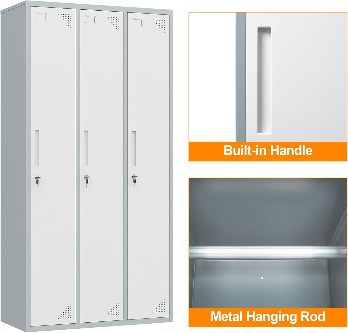 Metal Locker with 3 Doors Employees Locker, Metal Storage Locker with Hooks, 71" Storage Cabinet Lockers for Employees, Home, Office, Gym Requires Assembly (Grey White)