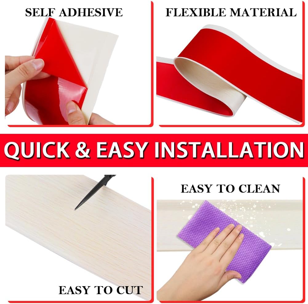 Vinyl Wall Base Baseboard Molding Trim 4" Flexible Self Adhesive Rubber Wall Base Moulding Trim Peel and Stick Design, 4 Inch x 200 Feet, Beige Wood