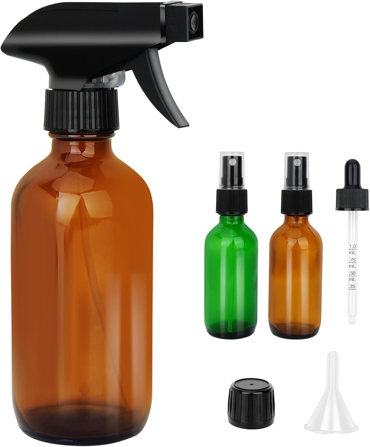 Mister Spray Bottle - 8.4oz Refillable Bottle for Hair, Plants, Cleaning Solutions, Essential Oils, Hair Mister, Adjustable Nozzle with Glass Misters 2oz per Unit, Funnel, Dropper