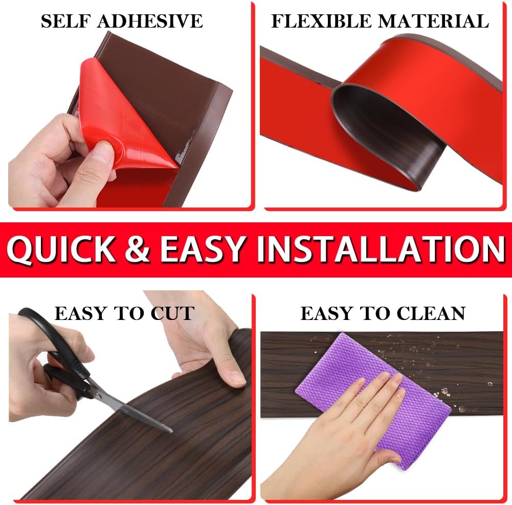 Vinyl Wall Base Baseboard Molding Trim 4" Flexible Self Adhesive Rubber Wall Base Moulding Trim Peel and Stick Design, 4 Inch x 200 Feet, Brown Wood