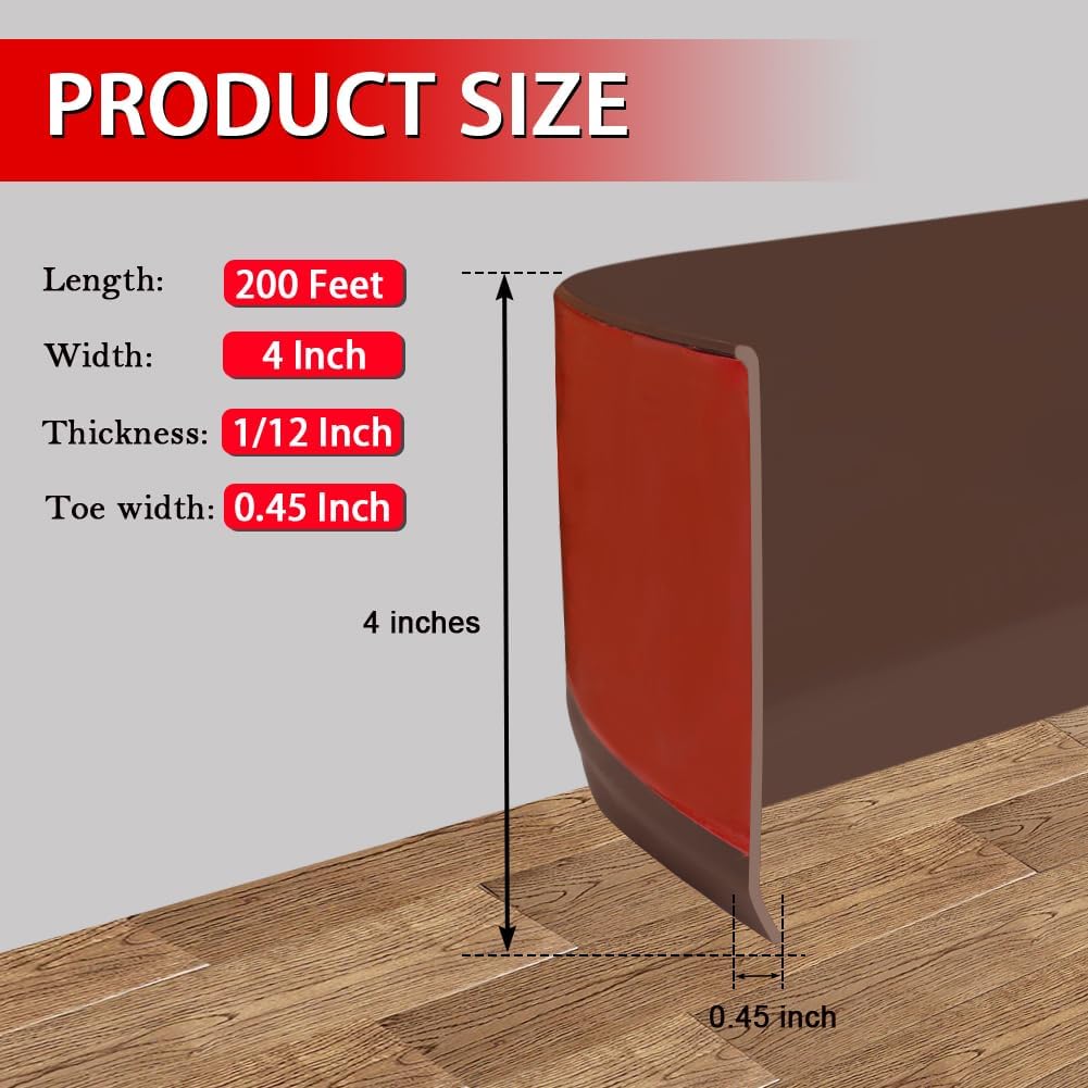 Vinyl Wall Base Baseboard Molding Trim 4" Flexible Self Adhesive Rubber Wall Base Moulding Trim Peel and Stick Design, 4 Inch x 200 Feet, Brown