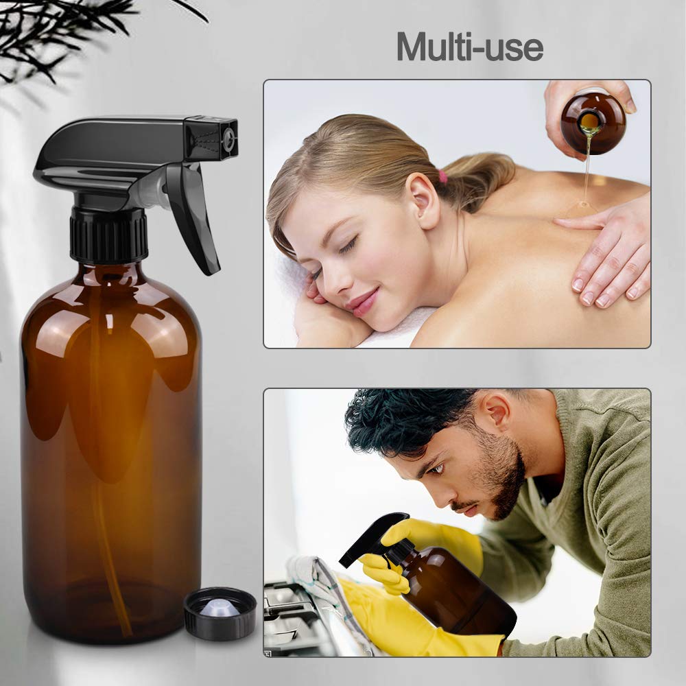 Glass Spray Bottles, 16oz Amber Glass Spray Bottles with Labels & Adjustable Nozzle, Reusable Containers for Cleaning, BBQ, Food, Plants, Alcohol, Essential Oils(1 Pack)