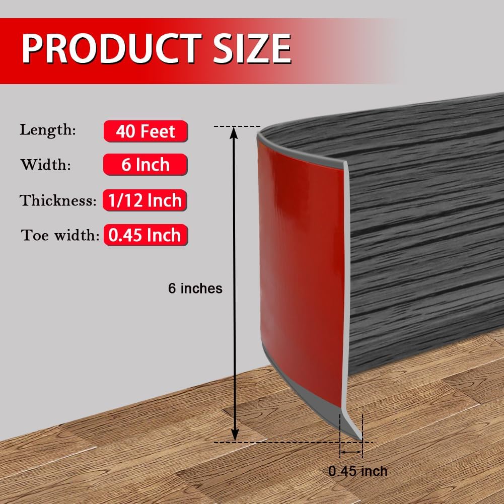 Vinyl Wall Base Baseboard Molding Trim 6" Flexible Self Adhesive Rubber Wall Base Moulding Trim Peel and Stick Design, 6 Inch x 40 Feet, Dark Gray Wood