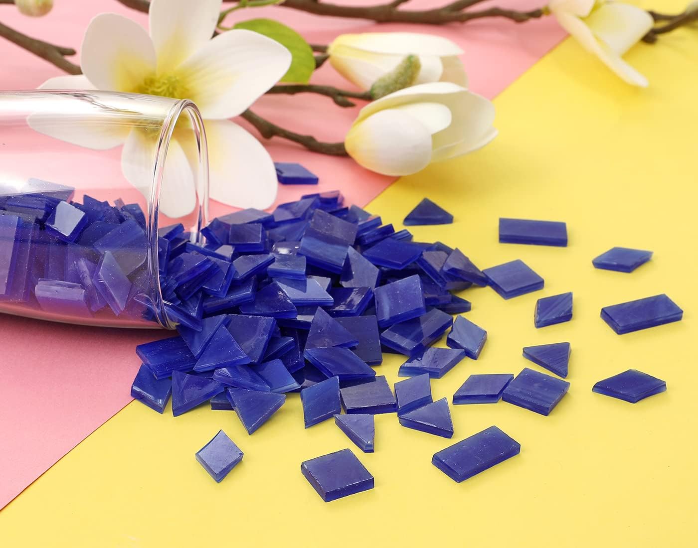 Lanyani Glass Mosaic Tiles for Art Crafts,4 Shapes Mixed Tiffany Stained Glass Pieces,200 Pieces,Square/Rectangle/Diamond/Triangle,Royal Blue