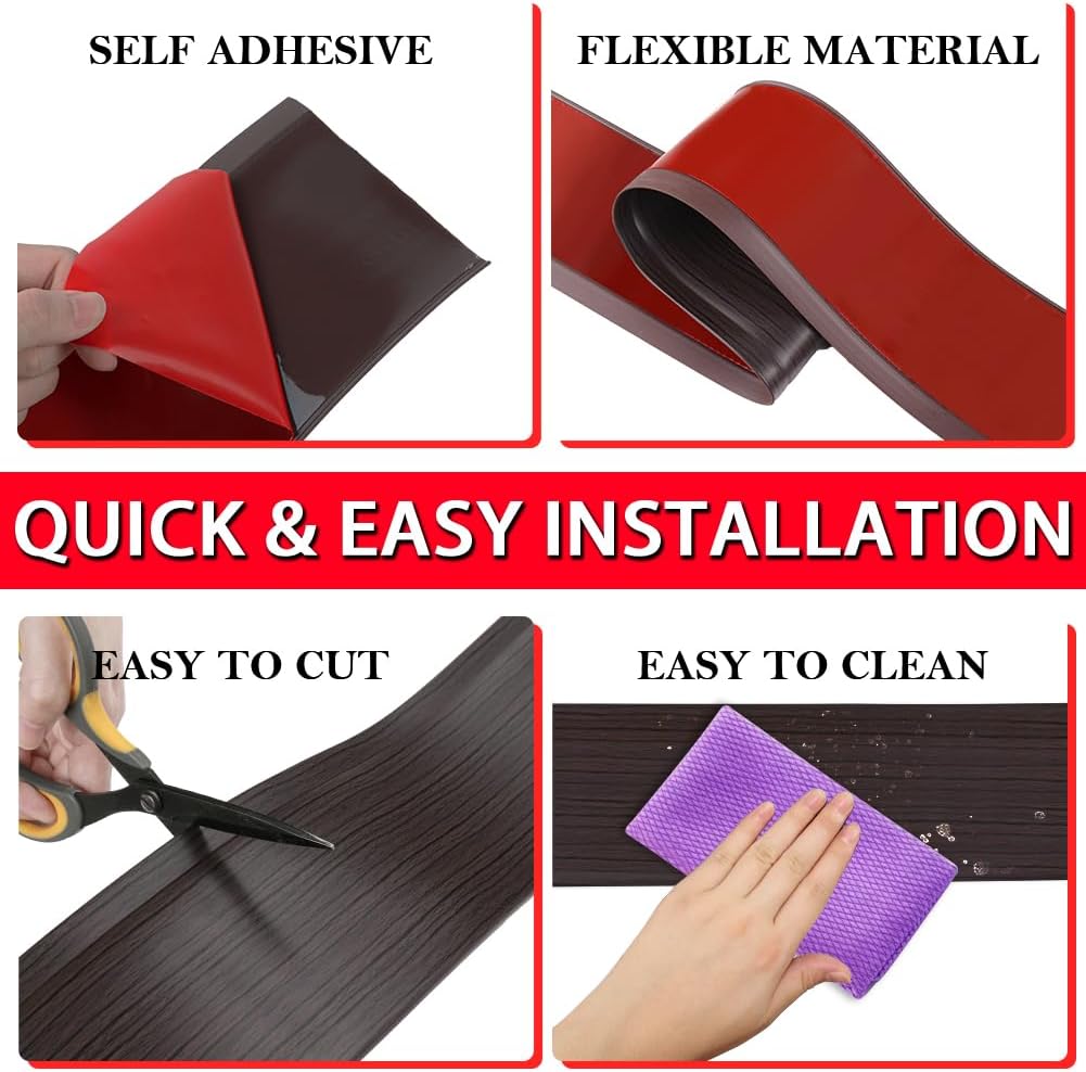 FONUNO Vinyl Wall Base Baseboard Molding Trim 4" Flexible Self Adhesive Rubber Wall Base Moulding Trim Peel and Stick Design, 4 Inch x 60 Feet, Black Walnut Wood Grain