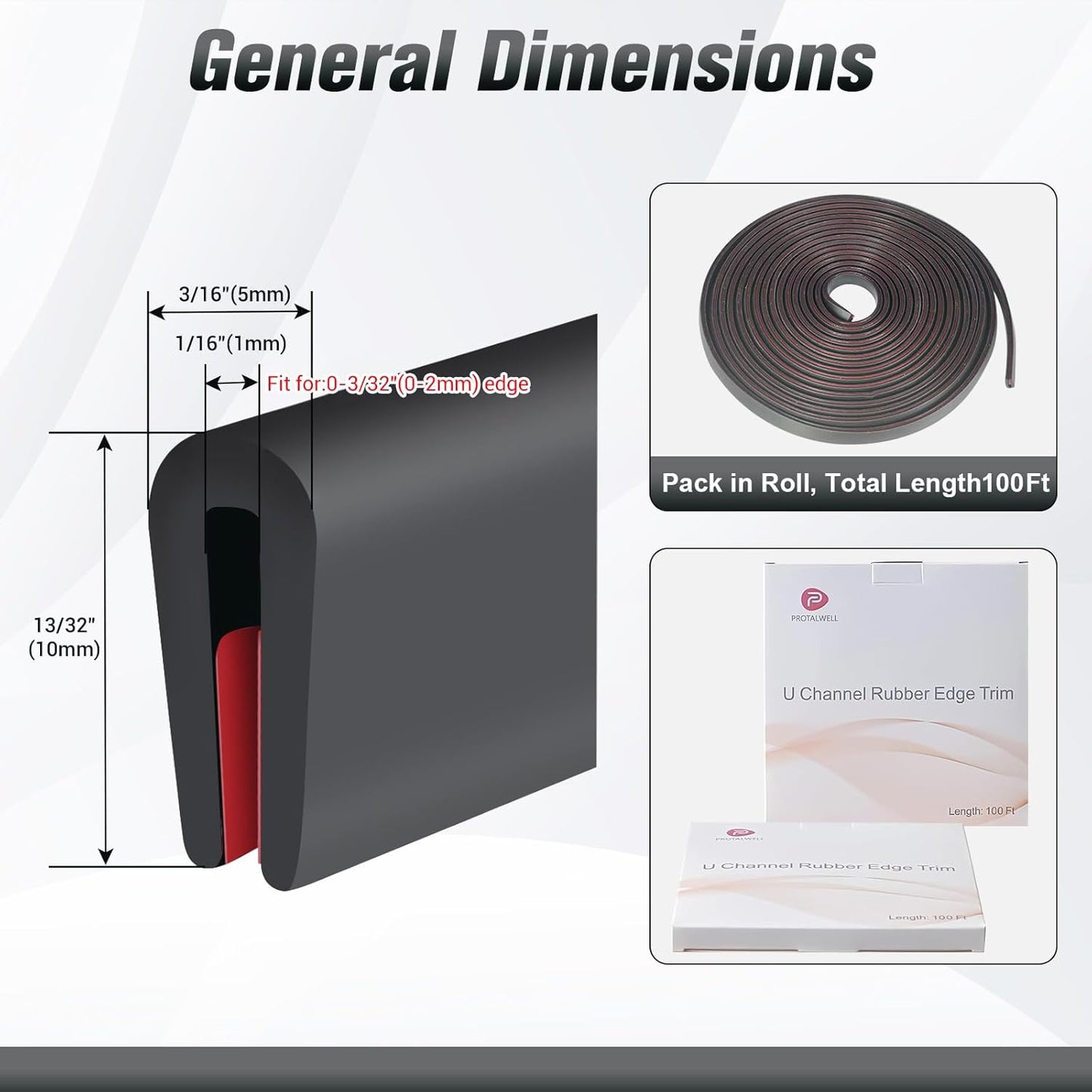 Rubber Edge Trim, Self Adhesive1/16" U Channel Edge Trim, Fit from 0 to 3/32", Sharp Edge Protector for Sheet Metal Parts, Car Doors, Length 100Ft, Black Color