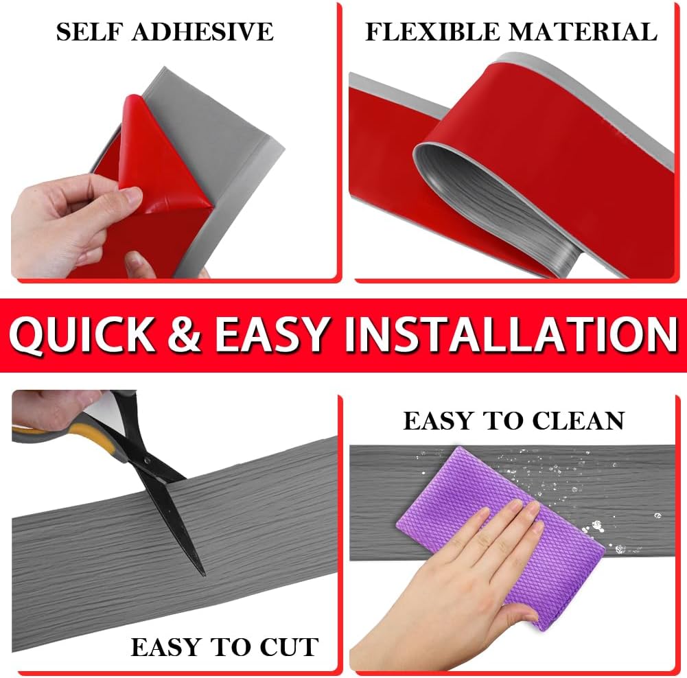 Vinyl Wall Base Baseboard Molding Trim 4" Flexible Self Adhesive Rubber Wall Base Moulding Trim Peel and Stick Design, 4 Inch x 200 Feet, Medium Grey Wood