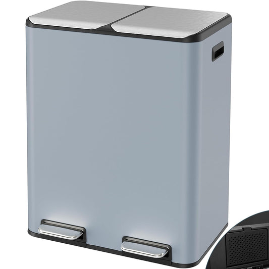 Arlopu 16Gal Dual Trash Can w/2 Built-in Box for Odor Control, Hands-Free Kitchen Garbage Bin, Recycle Waste Dustbin, Soft-Close Lid, 2 Buckets,Foot Pedal, Side Handle, Airtight,for Home Office