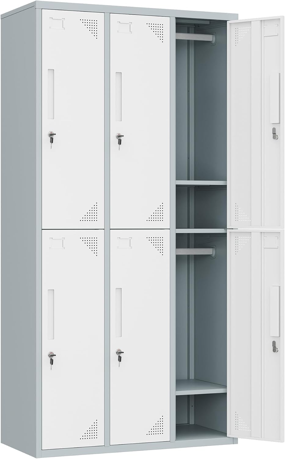 Metal Locker with 6 Doors Employees Locker, Metal Storage Locker with Hooks, 71" Storage Cabinet Lockers for Employees, Home, Office, Gym Requires Assembly (Grey White)