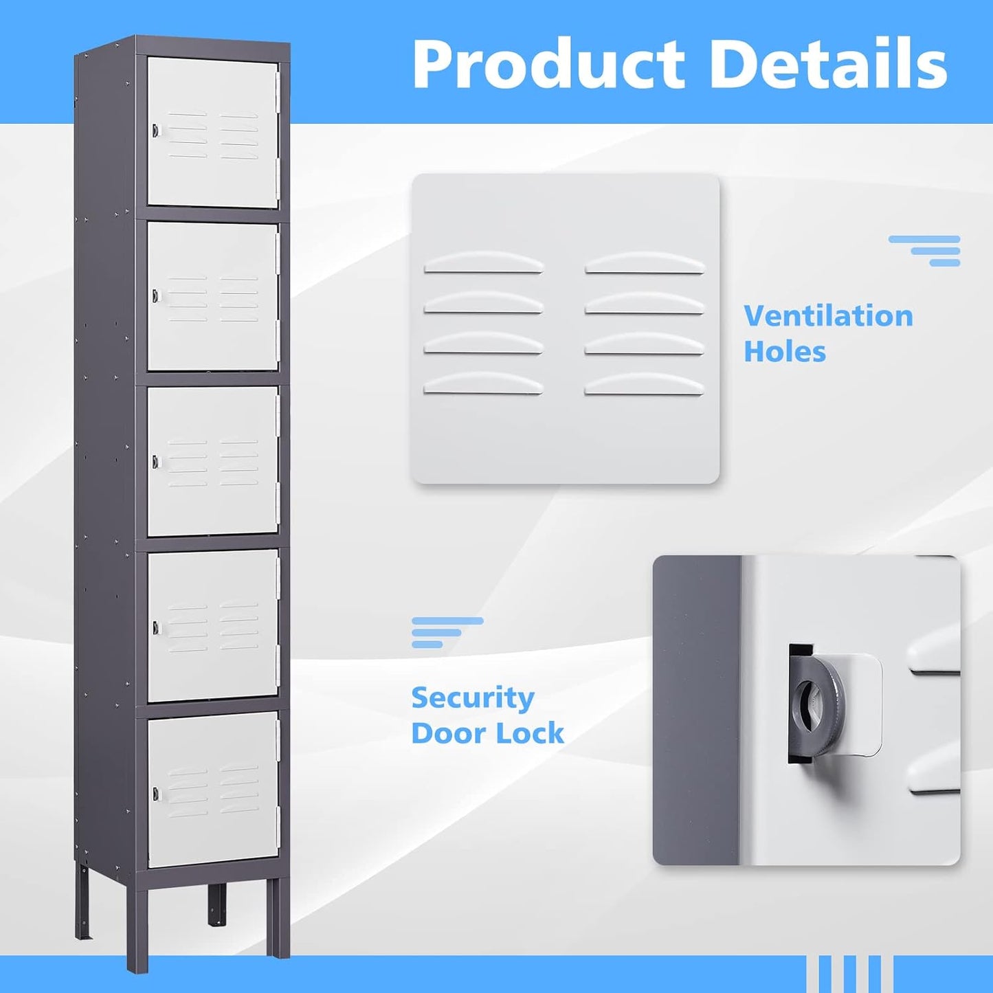 Letaya Storage Locker,5 Door Employees Metal Cabinet with Lock for School Gym Home Office Staff 66" H X 12" W X 12" D