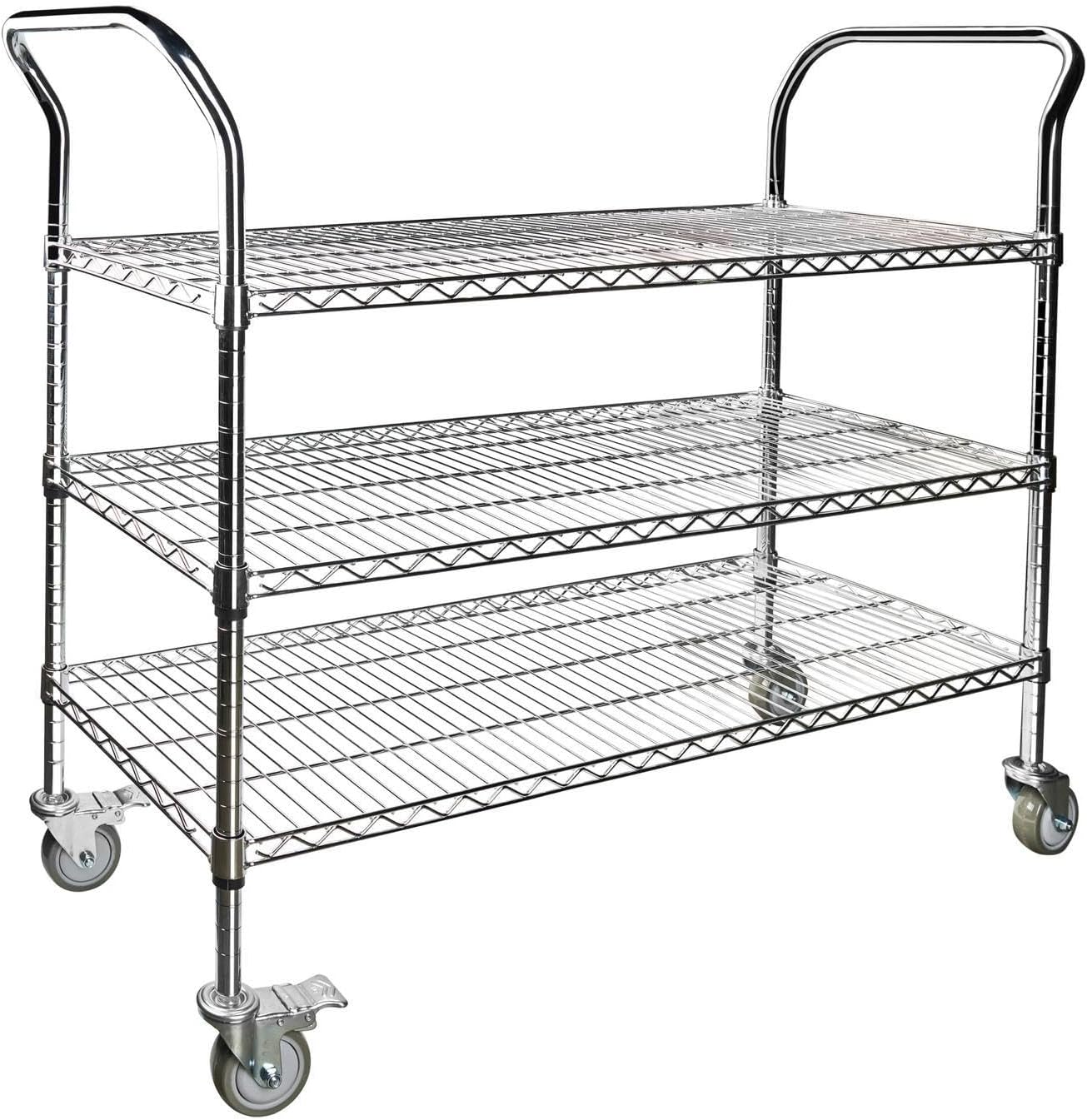 Northsky 3-Shelf Wire Utility Cart on Wheels, Chrome Finish Rolling Metal Shelving with Wheels, 550lb Capacity, 47" x 18" x 44.1", 3 Tier Rolling Cart for Kitchen Bar Storage Use