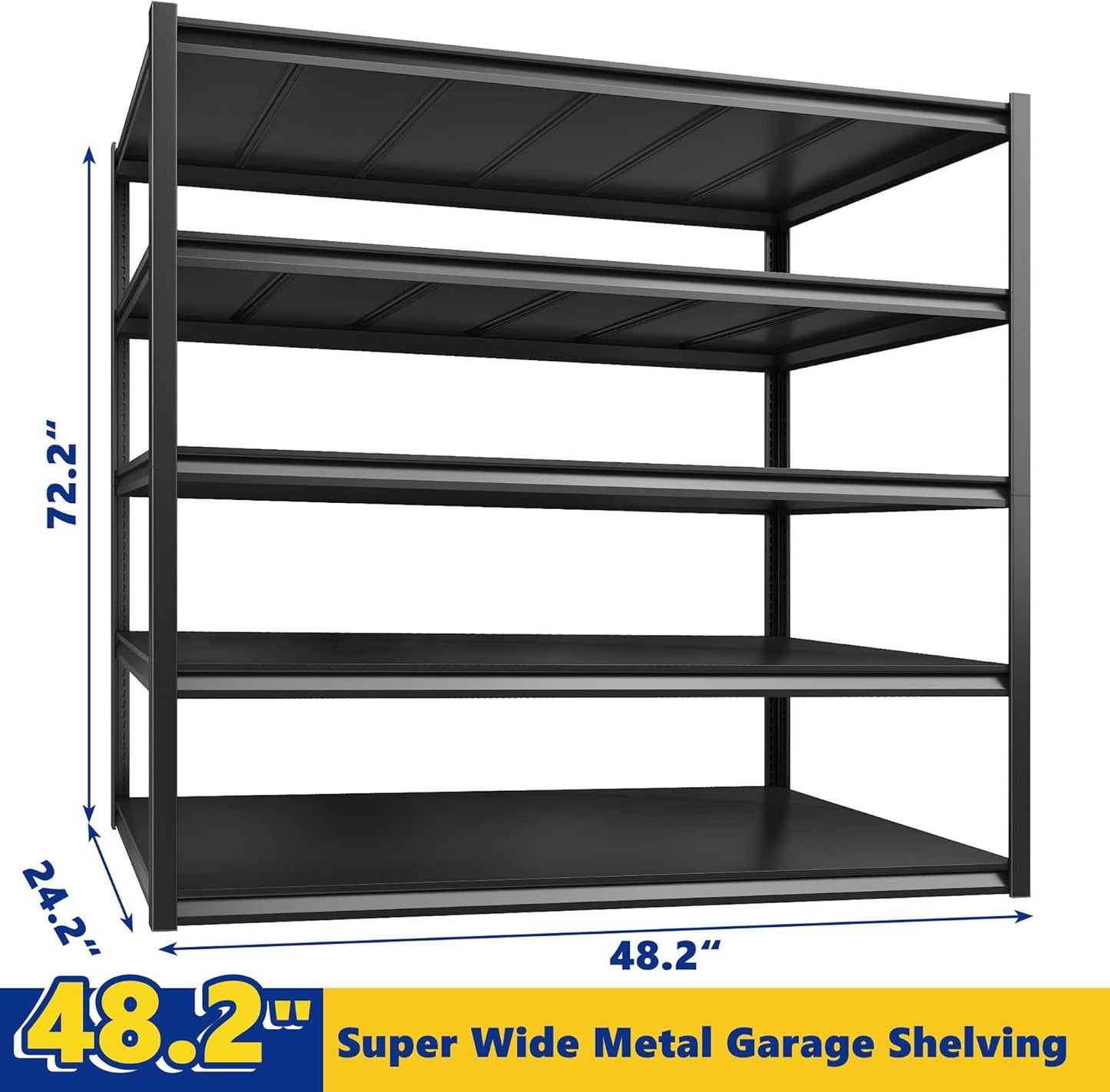 REIBII 48.2" W Garage Shelving Heavy Duty Metal Shelving 3000LBS Storage Shelves Adjustable Metal Shelf Industrial 5 Tier Shelves for Basement Pantry Warehouse Supermarket 72.2" H x 24.2" D x 48.2" W