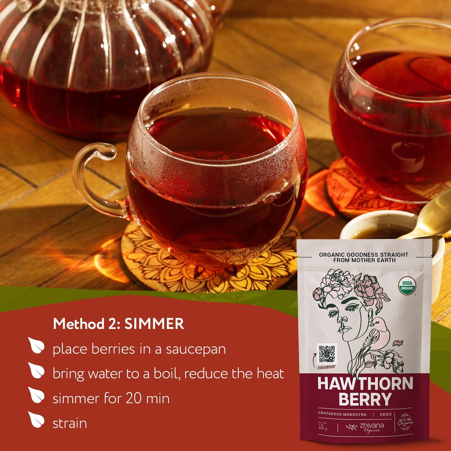 Organic Hawthorn Berry Tea (16 oz.) - Hawthorn Tea, Hawthorne Berries - High Blood Pressure, Heart Health Support, Relaxation