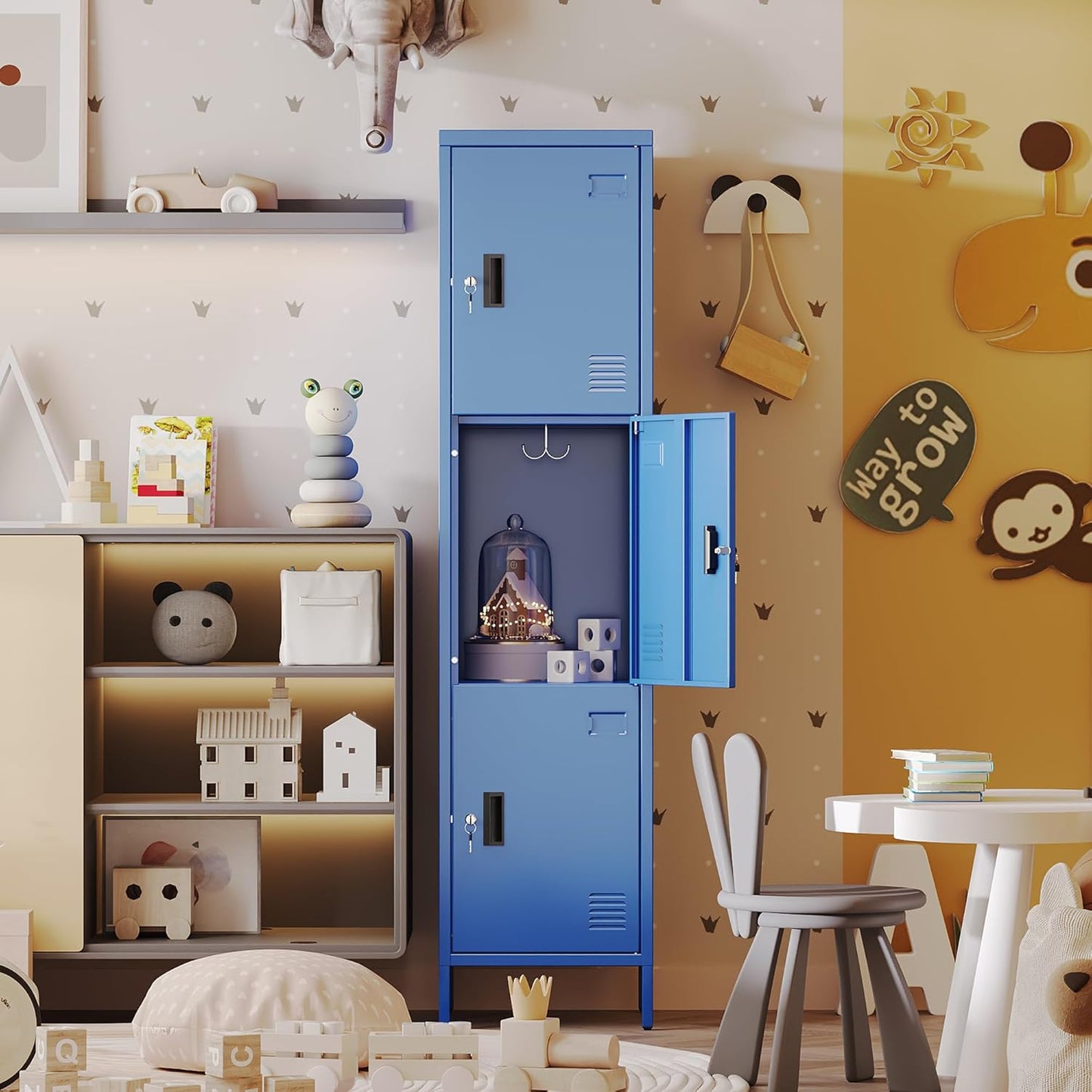 Metal Locker with Hooks and Ventilation Holes,Metal Storage Locker with Keys and Business Card Slot for Home,Gym,Garage,School,Office,66" H×15.75" W× 15.75" D,Assembly Required,Blue