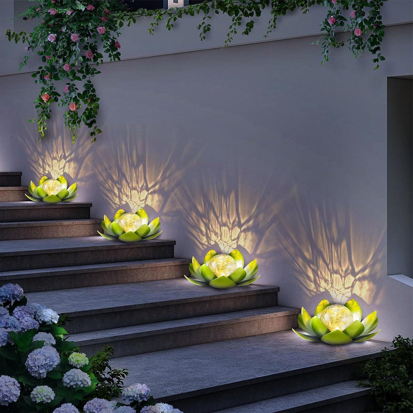 Huaxu Solar Lights Outdoor Garden Decoration Crackle Globe Glass Waterproof LED Metal Green Lotus Flowers Gift for Mom,Women,Patio,Lawn,Walkway,Tabletop,Ground