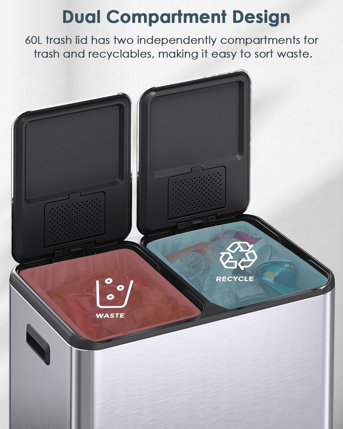 Arlopu 16Gal Dual Trash Can w/2 Built-in Box for Odor Control, Hands-Free Kitchen Garbage Bin, Recycle Waste Dustbin, Soft-Close Lid, 2 Buckets,Foot Pedal, Side Handle, Airtight,for Home Office