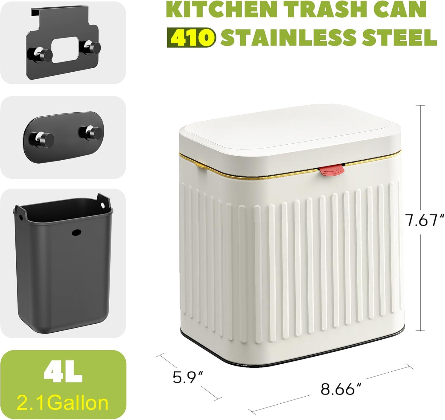 GloDeals Kitchen Trash Can with Lid, 2 in 1 Small Garbage Can Compost Bin Countertop, Wall-Mounted Under Sink Indoor Trash Bin for Kitchen, Bathroom, Cabinet Trash Can Hanging (4L, White/1.05 Gal)