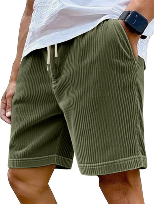 Mens Cargo Shorts Casual Drawstring Elastic Waist Corduroy Summer Beach Shorts with Pockets