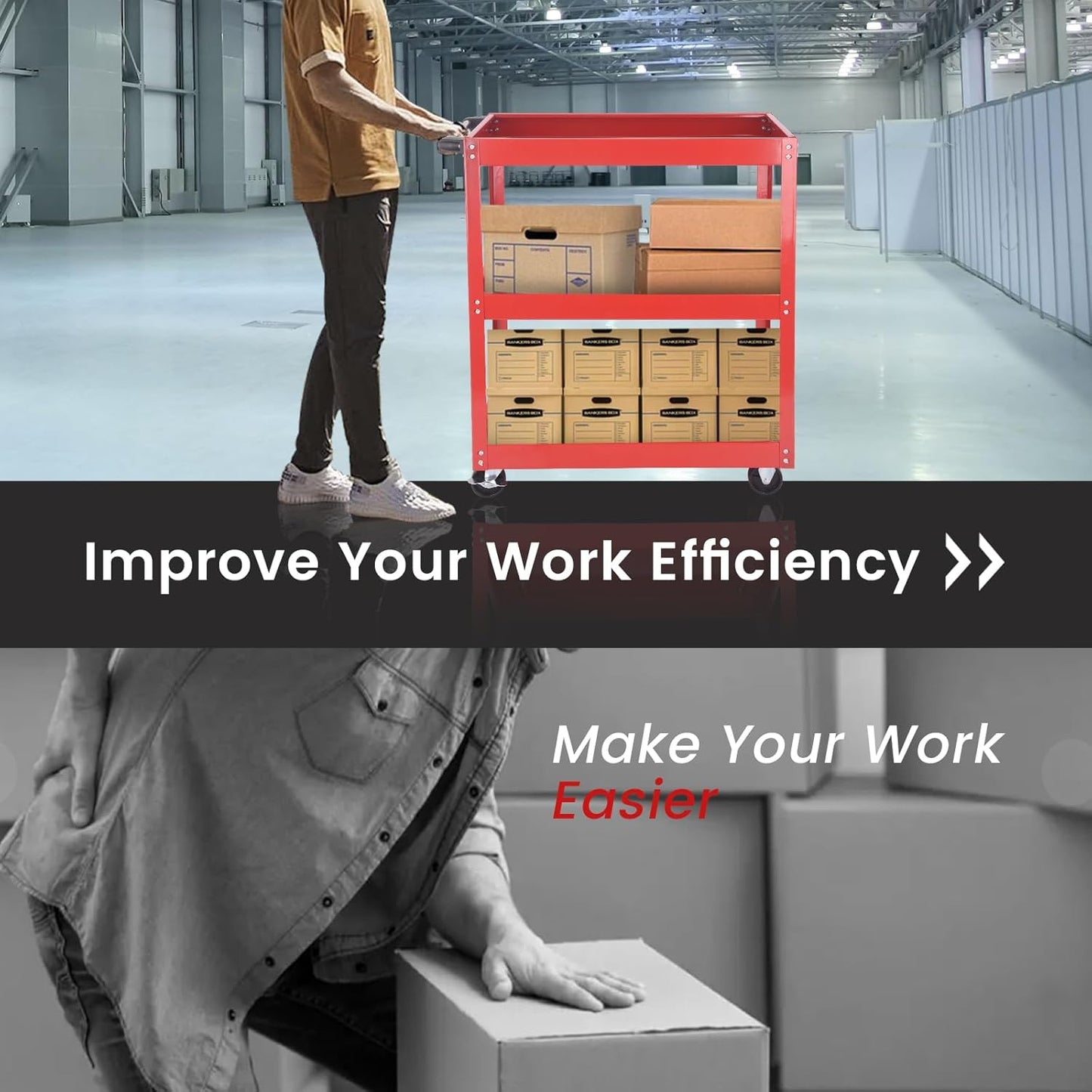 3-Tier Commercial Utility Cart with Brake Wheels, Sturdy Steel Construction, 110 lbs Capacity, Red