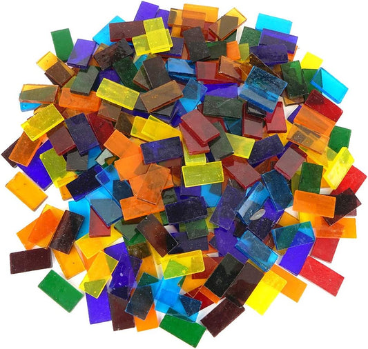 Lanyani 1.1-Pound Rectangle Transparent Glass Mosaic Tiles, Cathedral Stained Glass Sheets Pieces for Crafts, Assorted Colors