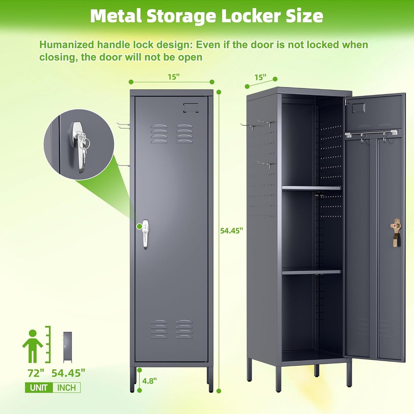 Metal Lockers for Employees with Handle,Metal Storage Locker with 2 Pegboard & 5 Hooks for Gym, School, Office,Home,Garage,Grey