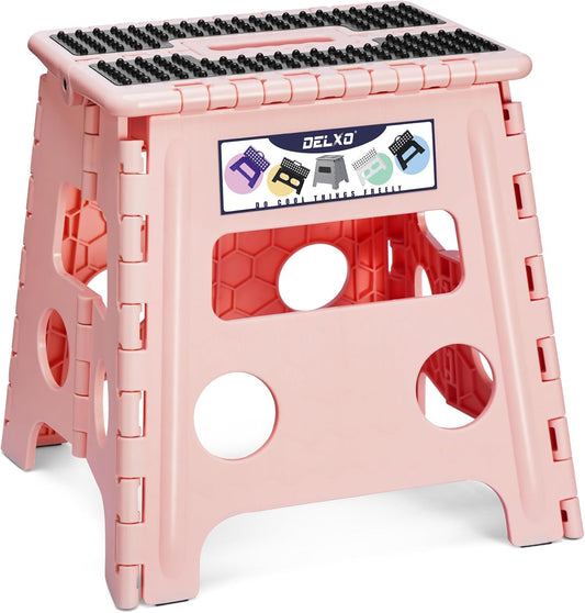 Delxo Folding Step Stool 13 Inch,Non-Slip Foldable Stools for Kids & Adults Up to 300 LBS,Kitchen Collapsible Fold Up Stepping Stool with Dotted 1 Pack,Pink